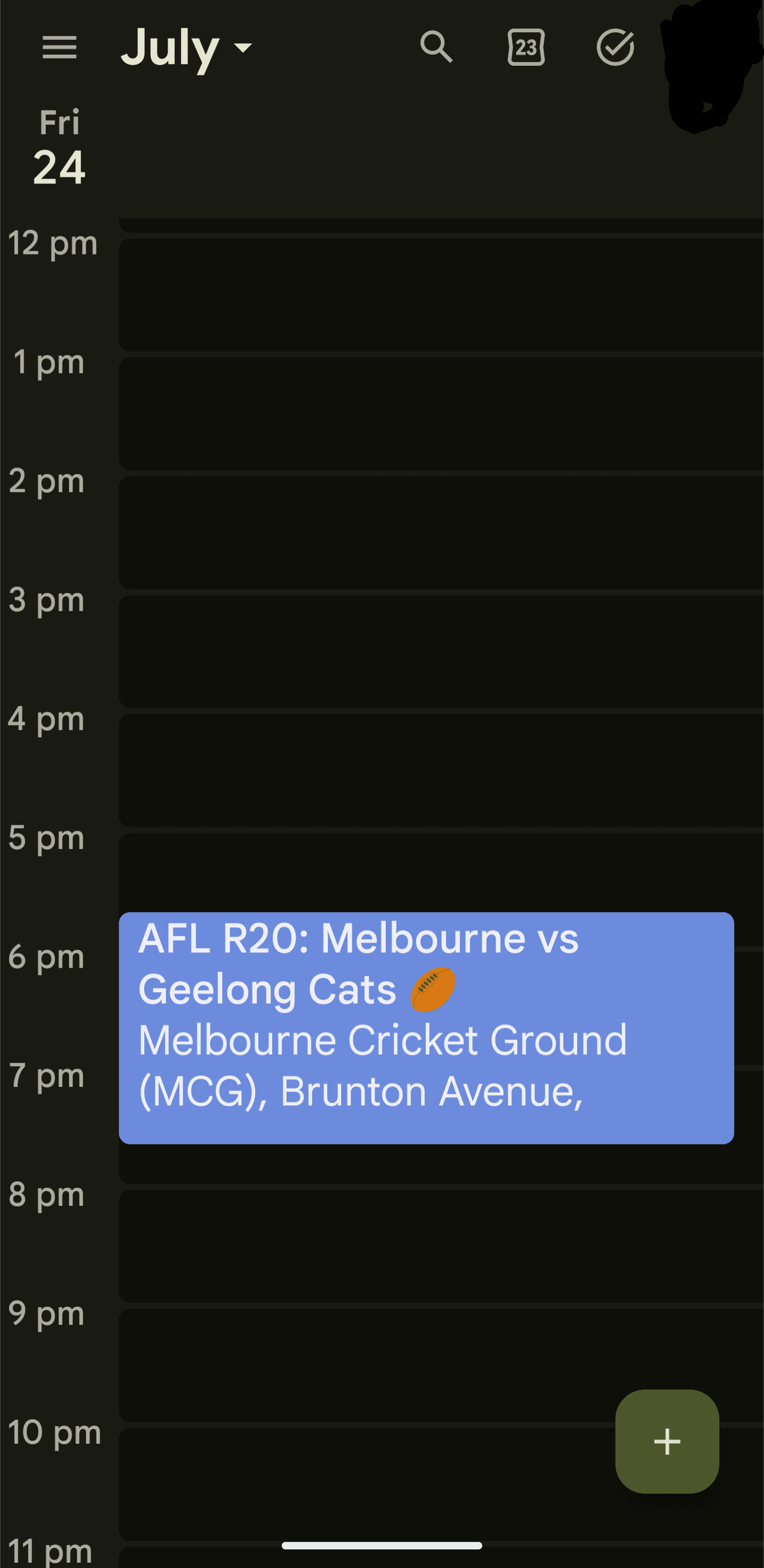Single day calendar view showing AFL Round 20: Melbourne vs Geelong Cats at the MCG
