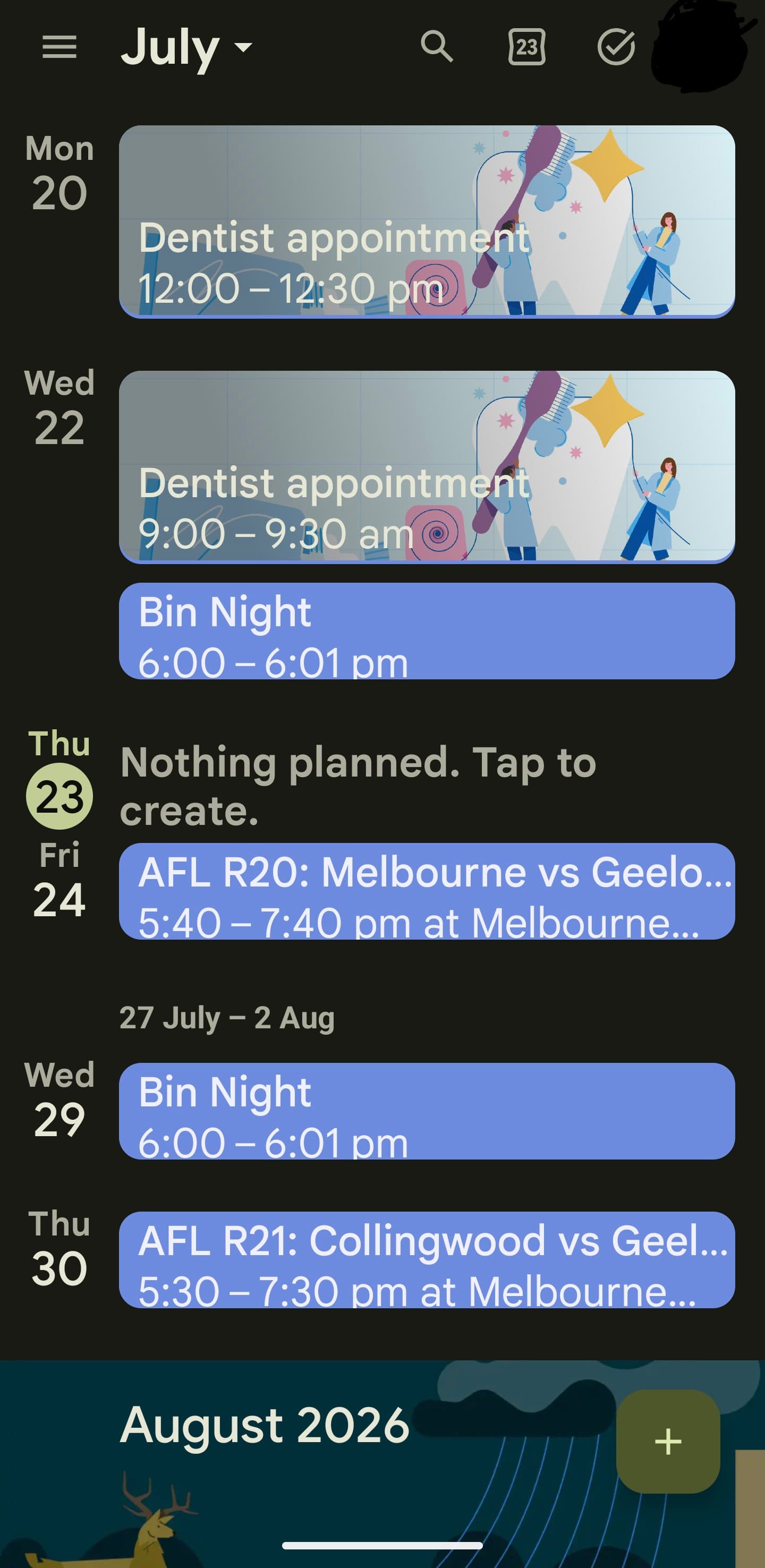 Month view showing dentist appointments, bin night, and two AFL Geelong games with kickoff times