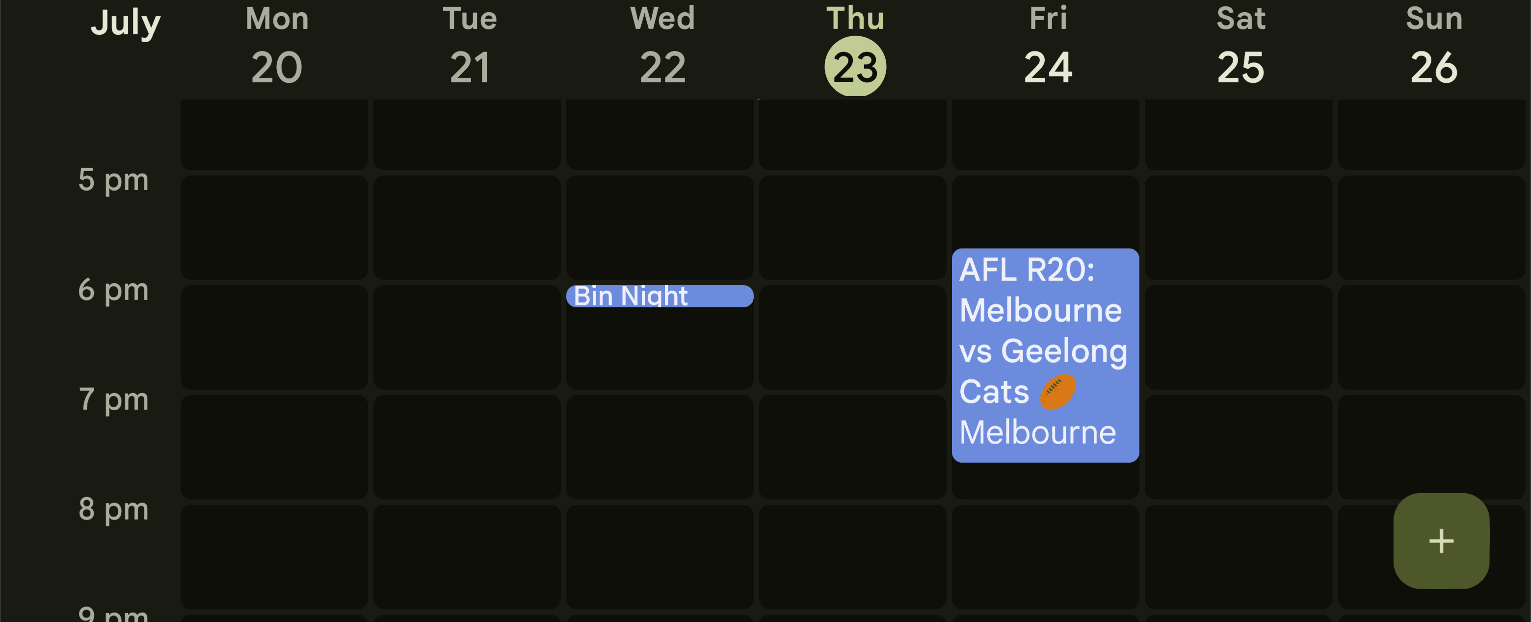 Week view showing Bin Night on Wednesday and AFL R20 Melbourne vs Geelong Cats on Friday