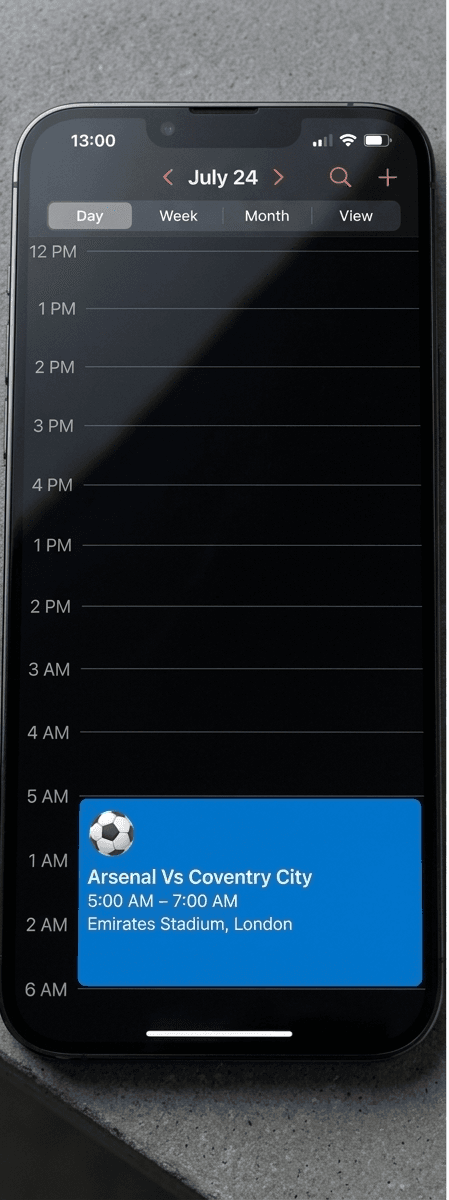 iPhone calendar showing Arsenal vs Coventry City converted to 5:00 AM AEST at Emirates Stadium