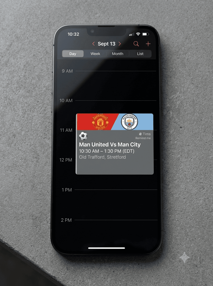 iPhone calendar showing Manchester United vs Manchester City converted to 10:30 AM EDT at Old Trafford